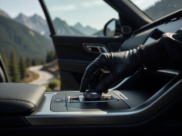 Driver hand selecting low gear mode on a modern vehicle console before descending a mountain road