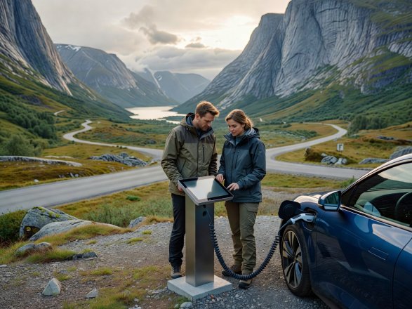 Couple checkingcharging status on a screen while their electric car charges at a Norwegian mountain valley station in natural light