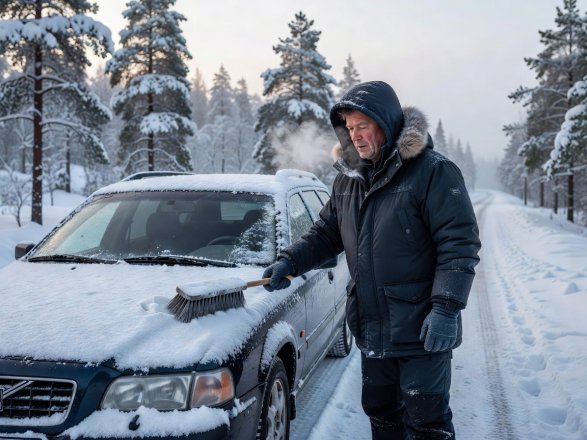 Driver in winter coat brushing fresh snow off vehicle headlights and windscreen before driving in Norway