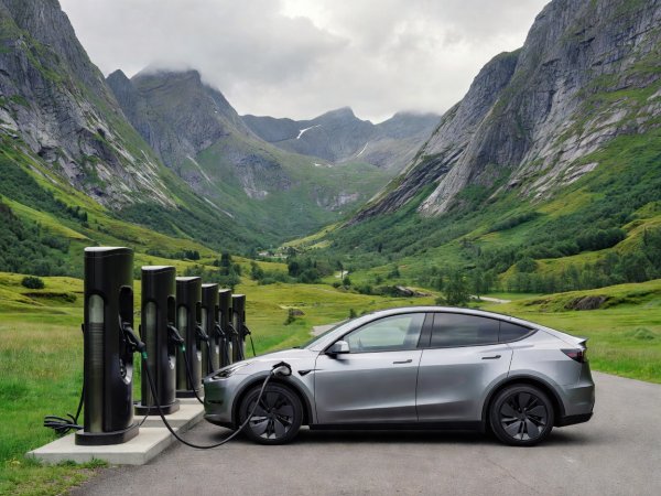 Electric vehicle plugged into a row of high-power DC chargers in a green Norwegian valley surrounded by steep mountains