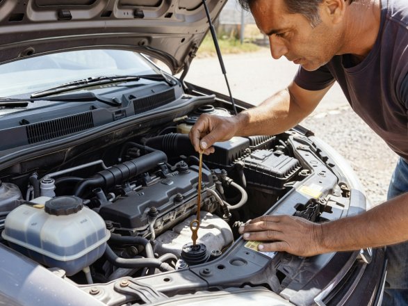 Traveller under an open car bonnet checking screenwash reservoir and fluid levels in bright natural light